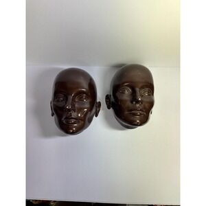 Vintage Female Face Wall Hanging Mask Decor Brown Glaze set of 2